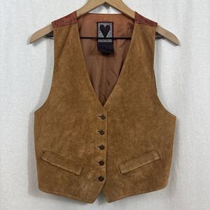 Dual Control Tan Leather Vest Paisley Print Back Womens M Western Festival Boho